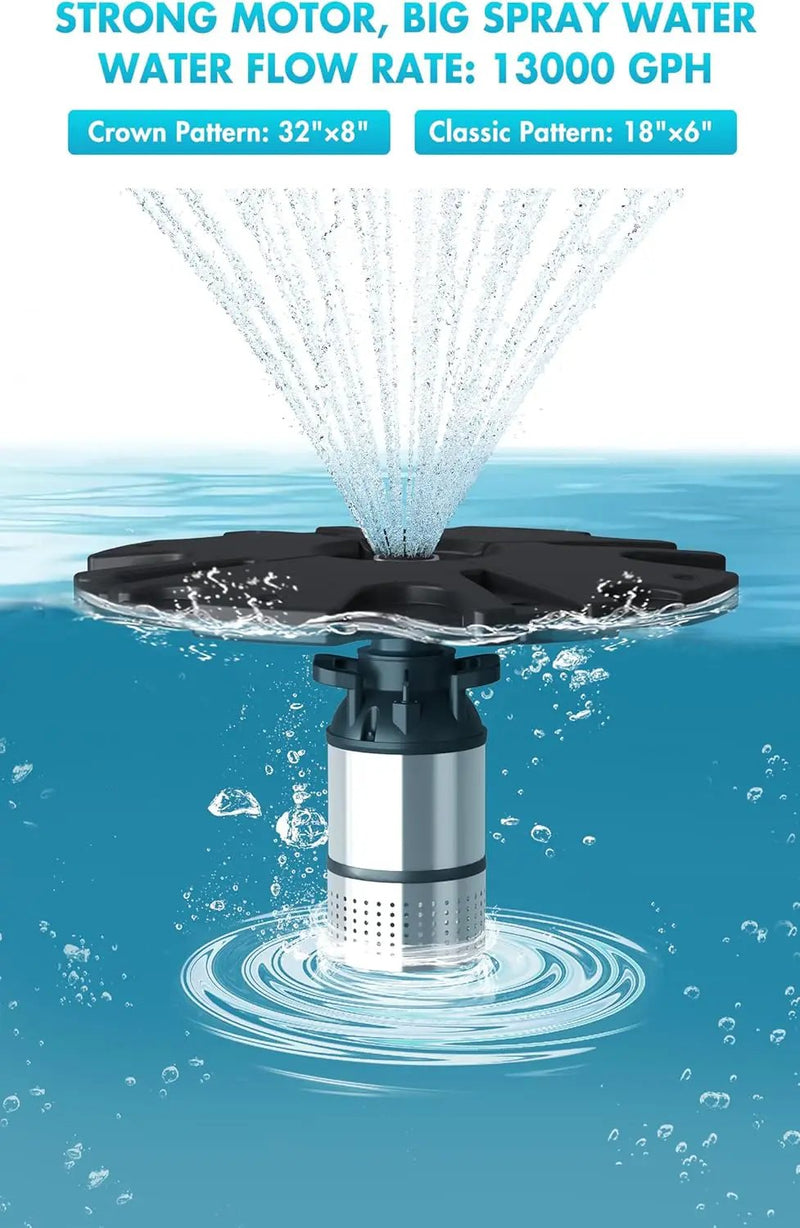 HQUA FS01 120V, 1/2HP, Large Pond Floating Fountain with FSL01 LED RGB Color-Changing Light Sets, 100’ cord, 13000 GPH, Two spray patterns 32'x12' and 18'x6' by GreenHaven Gardens