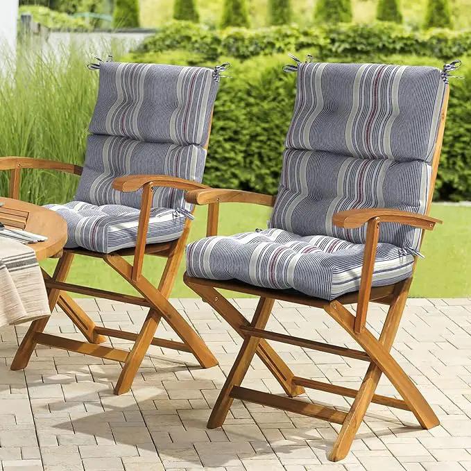LVTXIII Outdoor Tufted High Back Cushions Set of 2 Patio Seasonal Replacement Rocking Chair Cushion with Ties, Solid Seat and Back Chair Cushion, (44” L x 22W”, Stripe Denim Blue) by GreenHaven Gardens