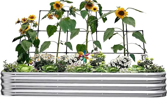 KING BIRD Raised Garden Bed with Wall Trellis Galvanized Planter Garden Box Outdoor for Gardening, Climbing Vegetables, Flowers 7.87x3.94x0.98 Ft, Silver by GreenHaven Gardens
