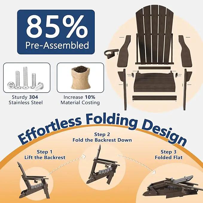 Folding Adirondack Chair Set of 2 with Cup Holder, HDPE All Weather Resistant Plastic Outdoor Patio Chairs, Heavy Duty Fire Pit Seating for Backyard Lawn Garden, Wooden Textured Design(Coffee) by GreenHaven Gardens
