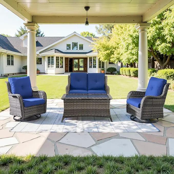 4 Piece Patio Furniture Set - Outdoor Glider Bench with Swivel Rocker Chairs and Coffee Table, High Back Small Outdoor Conversation Furniture Sets for Deck Sunroom Balcony Backyard by GreenHaven Gardens
