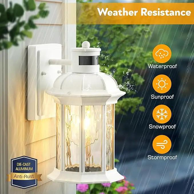 VIANIS White Motion Sensor Exterior Wall Light Lantern, Modern Dusk to Dawn Outdoor Porch Light Fixtures Wall Mount, Waterproof Outdoor Wall Sconce for Garage Entrance with Tempered Water-Ripple Glass by GreenHaven Gardens
