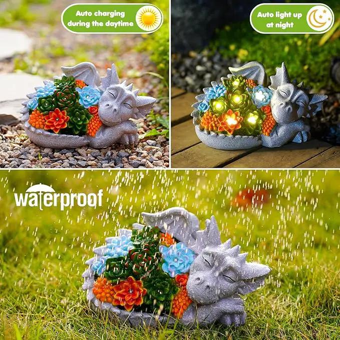 Solar Dragon Statue with Succulent Lights - Dragon Garden Sculptures & Statues，Garden Decor for Outdoor Yard Art Ornaments 9.1inch (Gray) by GreenHaven Gardens