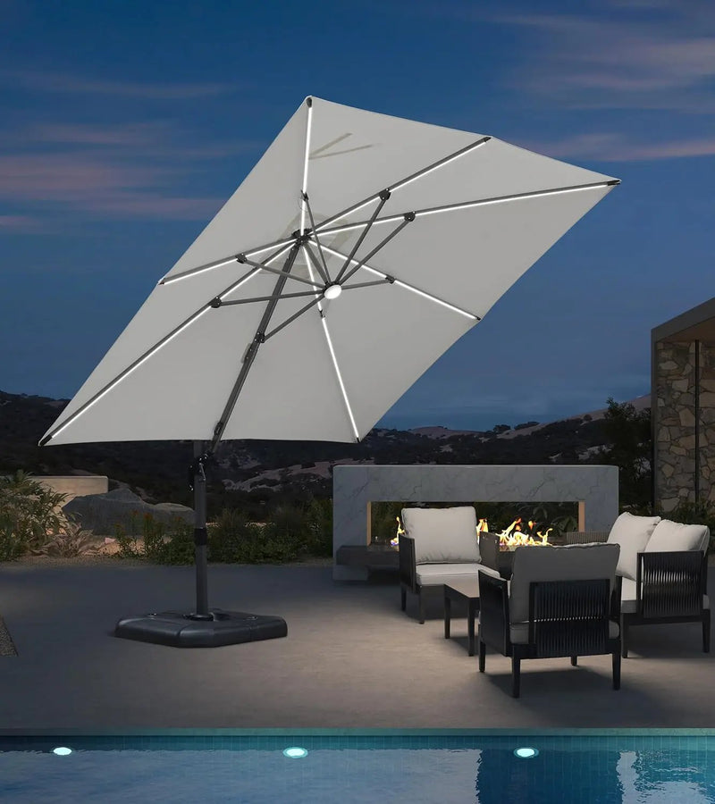 PURPLE LEAF 10 Feet Patio Umbrella Outdoor Cantilever Solar Powered LED Square Umbrella Aluminum Offset Umbrella with 360-degree Rotation for Garden Deck Pool Patio White by GreenHaven Gardens