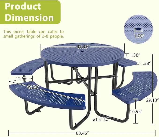 46'' Steel Round Picnic Table for Outdoors, Expanded, Lifetime Picnic Table with Umbrella Hole, Heavy Duty Sturdy Commercial Picnic Tables for Garden Courtyard BBQ, Blue by GreenHaven Gardens