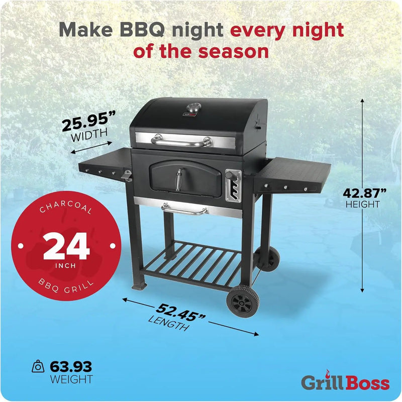 Grill Boss 24 Inch Charcoal BBQ Grill with Side Shelves, Built-In Thermometer, Black by GreenHaven Gardens