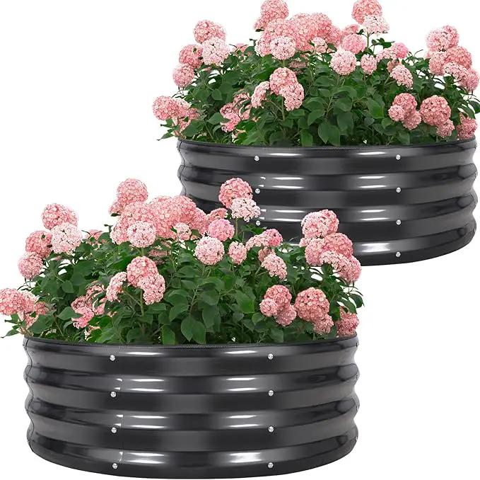 Galvanized Raised Garden Bed- 2Pcs 3x3x1FT Metal Planter Boxes Outdoor | Round Steel Raised Bed Kit & Fire Pit Ring for Gardening with Protective Tape, Gloves for Vegetables, Flower (Grey) by GreenHaven Gardens