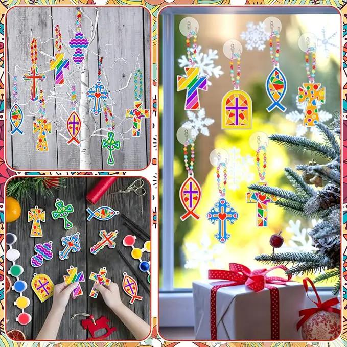 30 Sets Cross Suncatchers Window Art Kits, Christian DIY Sun Catchers Bulk Religious Crafts Paint Your Own Cross Window Ornaments for Boys Girls VBS Sunday School Classroom Home Party Decor by GreenHaven Gardens