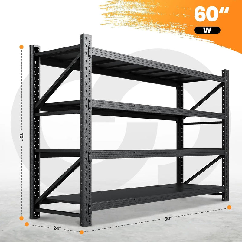 60” W Heavy Duty Garage Shelving, 5000LBS Metal Storage Shelves, 4 Tier Storage Rack Shelf, Steel Industrial Shelving, Adjustable Standing Shelf for Basement/Warehouse 60" W x 24" D x 70" H, Black by GreenHaven Gardens
