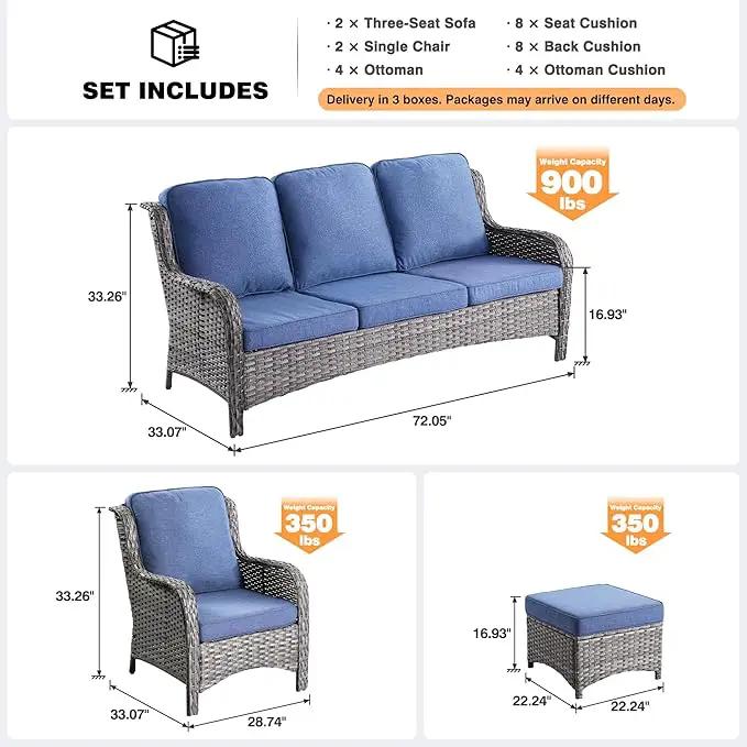 ovios 8 Pieces Patio Furniture Set, Outdoor Wicker Sofas with 2 Chairs, 4 Ottomans and Comfy Cushions, All Weather High Back Couch Set for Deck Porch, Grey Rattan, Denim Blue by GreenHaven Gardens