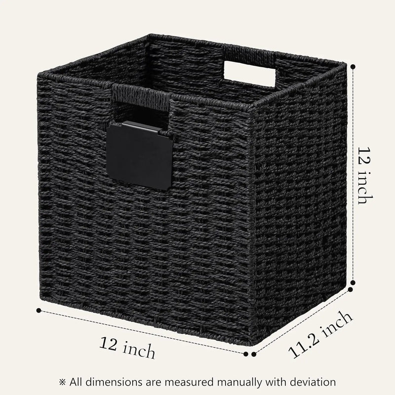UBBCARE 2 Pack Wicker Basket, 12×12 Storage Cubes with Label, Foldable Cube Storage Bin with Handle, Square Storage Basket for Shelves, Woven Paper Rope Basket for Organizing, Black by GreenHaven Gardens