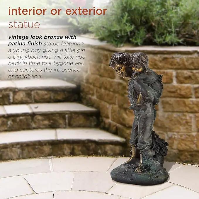 Alpine Corporation 16" Tall Indoor/Outdoor Patina Finish Piggyback Kids Yard Statue Decoration by GreenHaven Gardens
