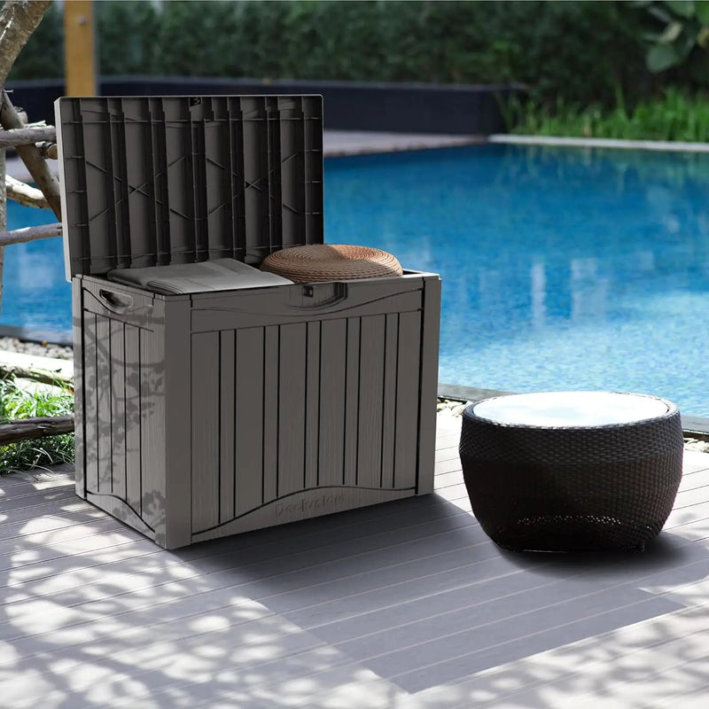 50GAL Brown Deck Box with Special Pattern & Lock Hole – Waterproof, SGS - Approved UV Resistance, Stylish Storage for Outdoor Cushions & Decor, Effortless Assembly by GreenHaven Gardens