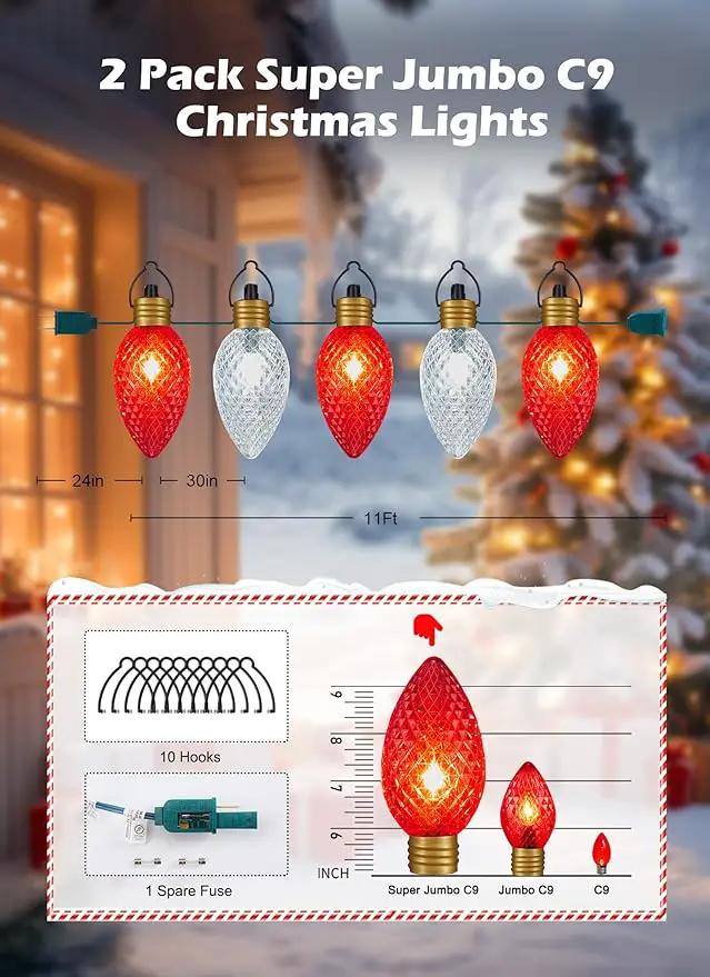2 Pack 11Feet 5 LED Super Jumbo Christmas String Lights or Pathway Marker Lights, Outdoor Xmas Decorations- Jumbo C9 Hanging Lights Waterproof Lawn Dec for Holiday Home Tree Roof Yard, Red ＆ White by GreenHaven Gardens