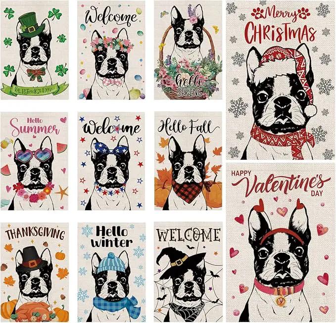Seasonal Garden Flags Boston Terrier Dog Double Sided Flags Set of 11 Holiday Farmhouse Indoor Outdoor Yard Lawn Christmas Gifts Decorations 12.5x18 Inch by GreenHaven Gardens