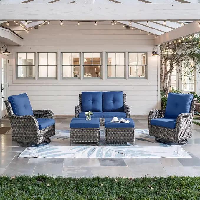 5 Piece Outdoor Patio Furniture Set - Wicker Furniture Patio Conversation Set, Outdoor Swivel Rocker Chairs with Loveseat Sofa and 2 Ottomans for Small Space, Blue Cushion by GreenHaven Gardens