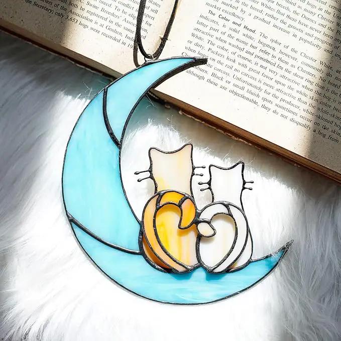 HDCRYSTALGIFTS Couple Cat Sitting on Moon Stained Glass Window Hanging, Modern Art Suncatcher for Window, Wall Decor,Cat Lover Gifts for Women/Girls by GreenHaven Gardens