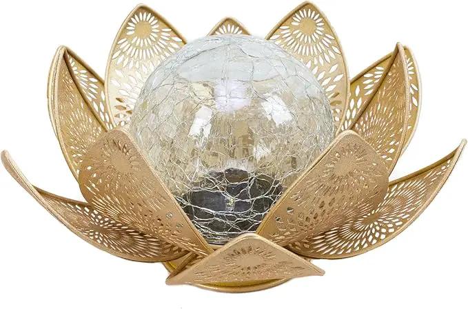 Solar Lights Outdoor Waterproof Lotus Flower Metal Yard Art Decoration Crackle Globe Glass Solar Lamp Garden Decor for Outside, Flowerbed Lawn Patio Porch Pathway Pond Decorations by GreenHaven Gardens
