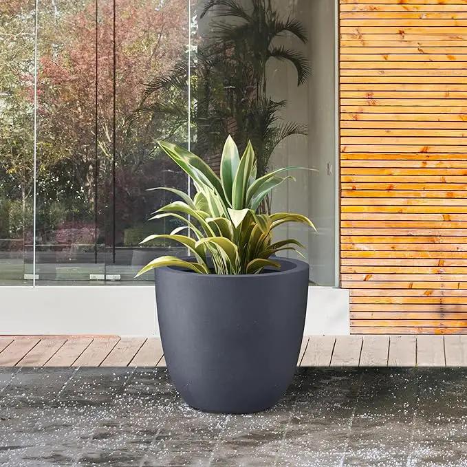 Kante 14 Inch Dia Round Concrete Planter, Indoor Outdoor Large Plant Pot with Drainage Hole and Rubber Plug for Home Patio Garden, Charcoal by GreenHaven Gardens