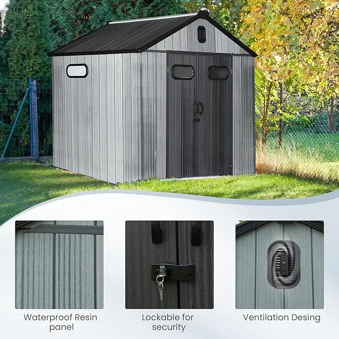 Domi 8x6 FT Outdoor Resin Storage Shed, All-Weather Double-Wall Storage Building for Backyard, Garden, Lawn Tools, Mower, Bike & Pool Equipment, Lockable Doors, Ventilated Roof, Grey by GreenHaven Gardens