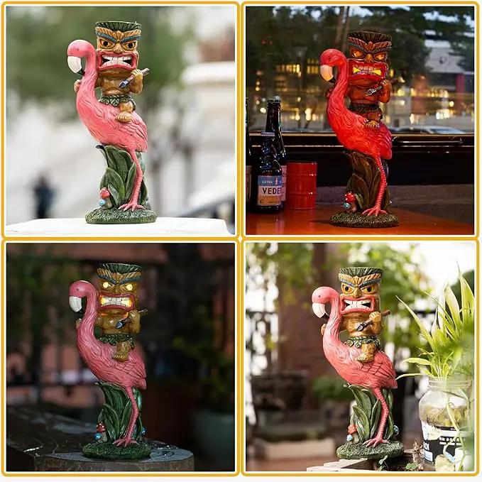 Solar Tiki Statue - Outdoor Statue - Solar Powered Garden Figurine Tiki Decoration for Bar, Patio, Balcony, Yard, Lawn, Table, Riding a Flamingo 13.66 Inches Tall by GreenHaven Gardens