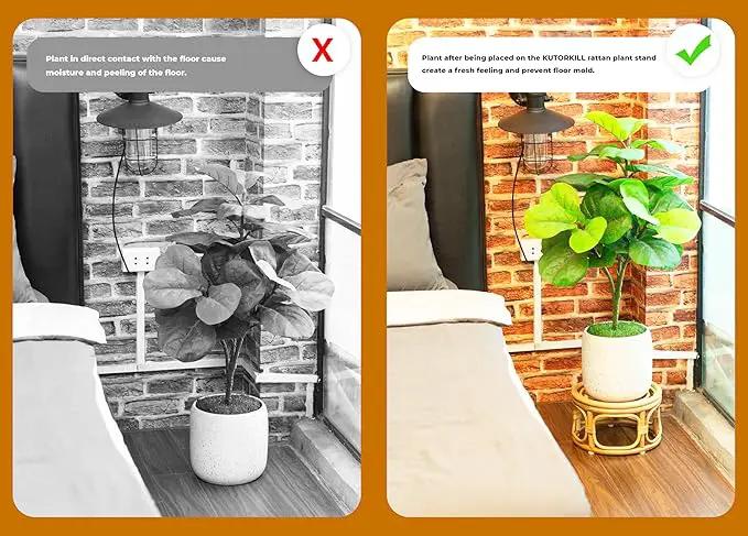 Set of 2 Boho Rattan Woven Round Decorative Risers Plant Stands Indoor, Mid Century Minimalist Modern Plant Stand, Wicker Short Plant Stand Holder Suitable Fits 8'' and 12'' Pots by GreenHaven Gardens