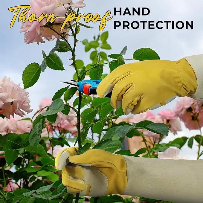HANDLANDY Rose Pruning Gardening Gloves for Men Women, Thorn Proof Forearm Protection Leather Garden Gloves, Gardening Gifts for Gardeners (Yellow- goatskin, Large (Pack of 1)) by GreenHaven Gardens