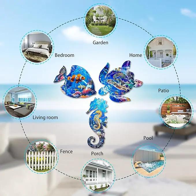 LIFFY Metal Fish Wall Decor Fish Metal Wall Art Ocean Themed Sea Turtle Fish Seahorse Coastal Wall Sculpture, Nautical Outdoor Decor For Garden, Fence, Patio, Pool,Beach,Bathroom (3 Pcs) by GreenHaven Gardens