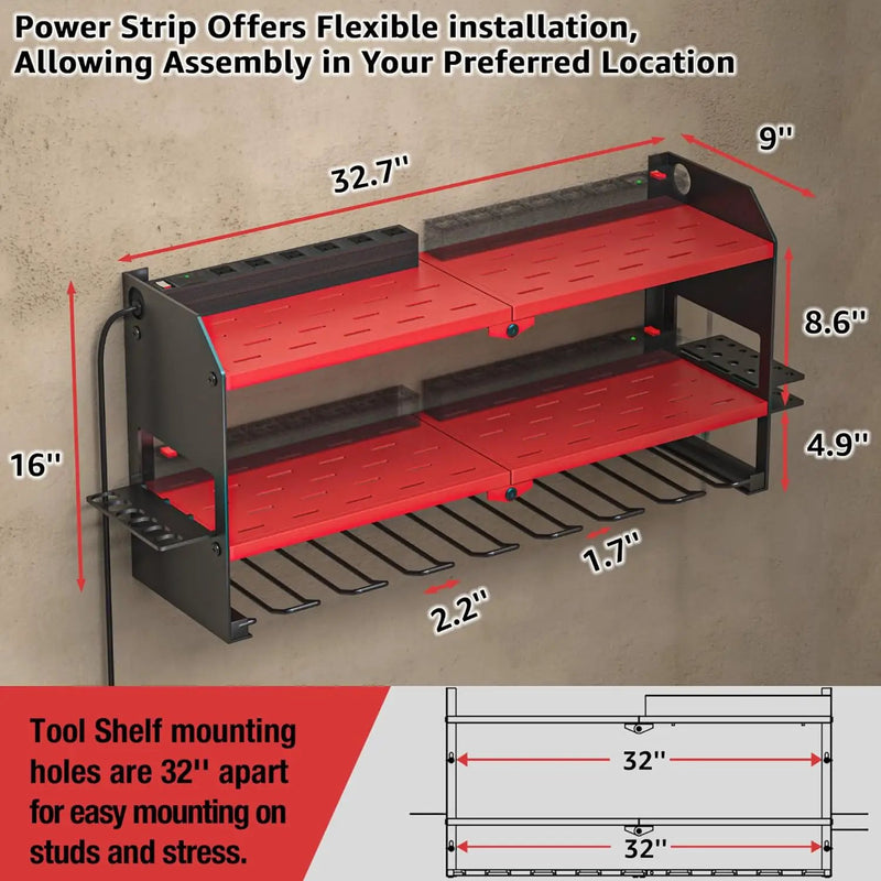 YYR Power Tool Organizer with Charging Station Wall Mount, Cordless Drill and Battery Holder for Garage Organization, Electric Tools Storage Rack Build in Surge Protection Power Strip - Red Shelf by GreenHaven Gardens