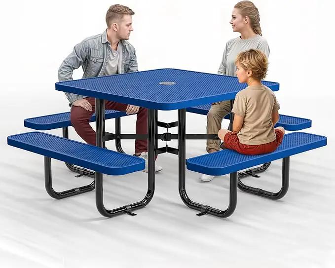 Metal Picnic Tables for Outdoors with Umbrella Hole - Coated Steel Heavy Duty Commercial Grade Table with Adjustable Seats (Blue, 46 in, Square, Punched Steel) by GreenHaven Gardens