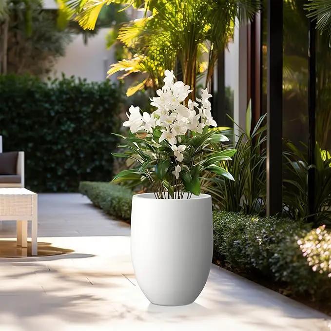 Kante 21.7" H Snow White Concrete Tall Planter, Large Outdoor Indoor Decorative Pot with Drainage Hole and Rubber Plug, Modern Round Style for Home and Garden by GreenHaven Gardens