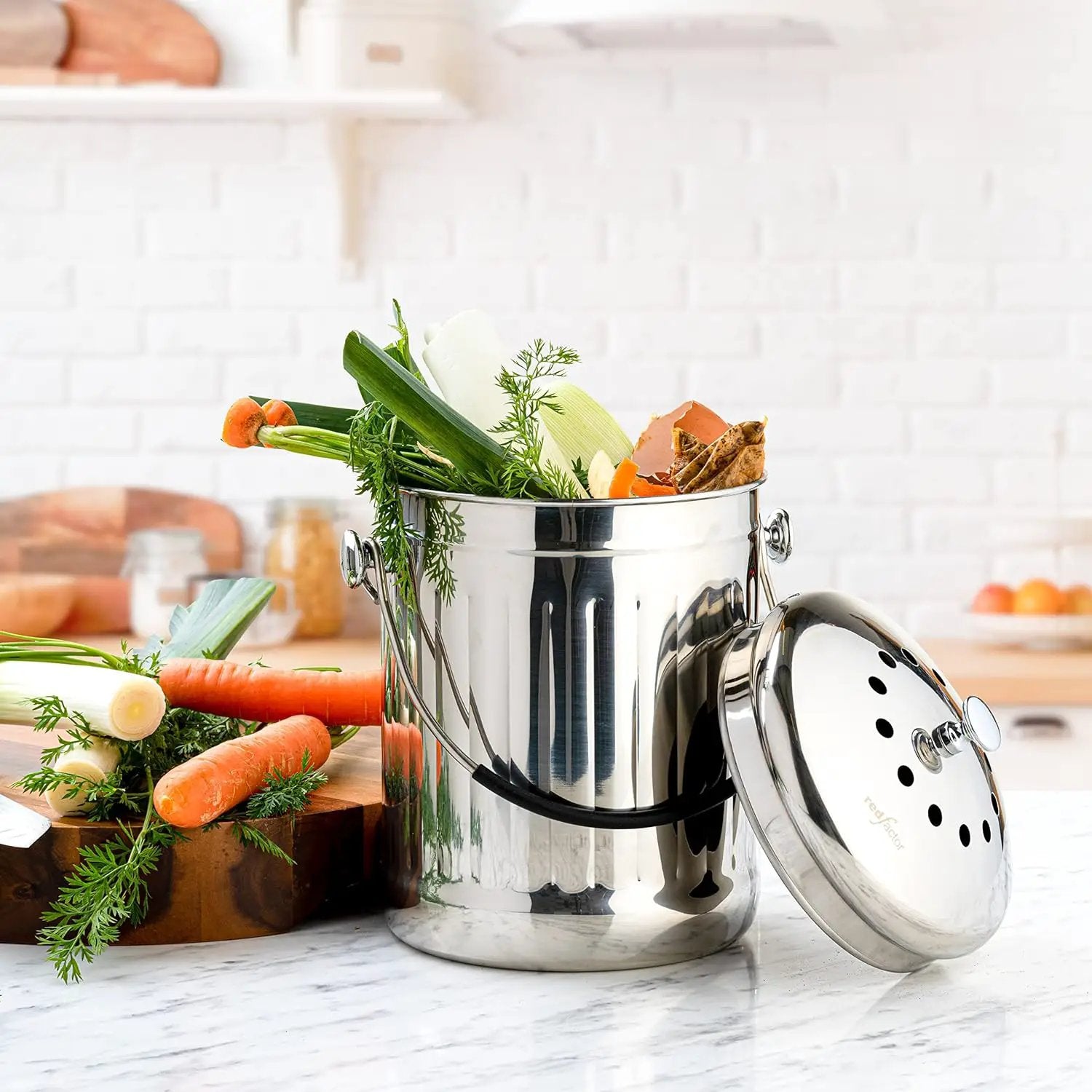 RED FACTOR Premium Compost Bin for Kitchen Countertop - Stainless Steel Food Waste Bucket with Innovative Dual Filter Technology - Includes Spare Filters (Brilliant Steel, 1.3 Gallon) by GreenHaven Gardens