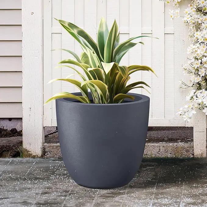Kante 18 Inch Dia Round Concrete Planter, Indoor Outdoor Large Plant Pot with Drainage Hole and Rubber Plug for Home Patio Garden, Charcoal by GreenHaven Gardens