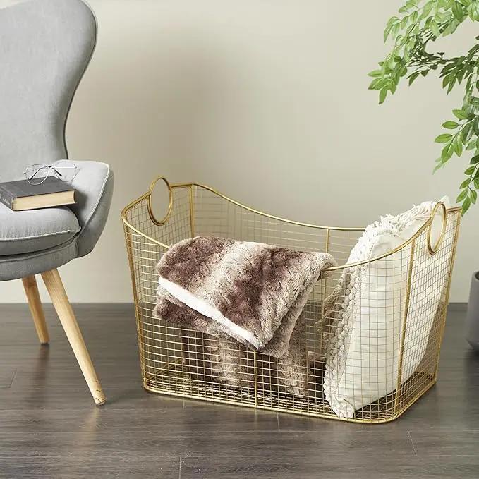 Deco 79 Metal Geometric Decorative and Functional Storage Basket Wire Grid Basket Organizer with Curved Edges Ring Handles, Basket for Storage 30" x 20" x 20", Gold by GreenHaven Gardens