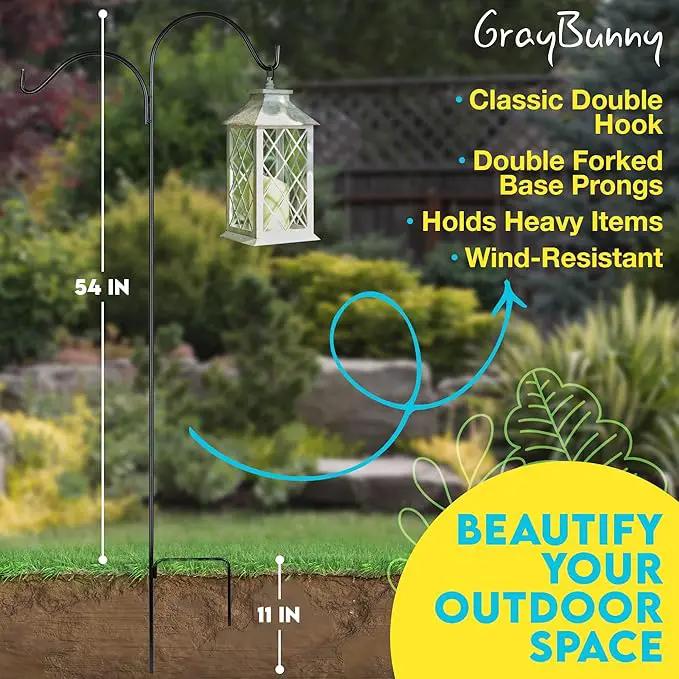 Gray Bunny Dual Sided Shepherds Hooks for Outdoor - 65" Heavy Duty Metal Bird Feeder Pole & Lantern Pole, 1/2" Thick Plant Hangers Outdoor, Great for Weddings Décor & Mason Jars - Black by GreenHaven Gardens