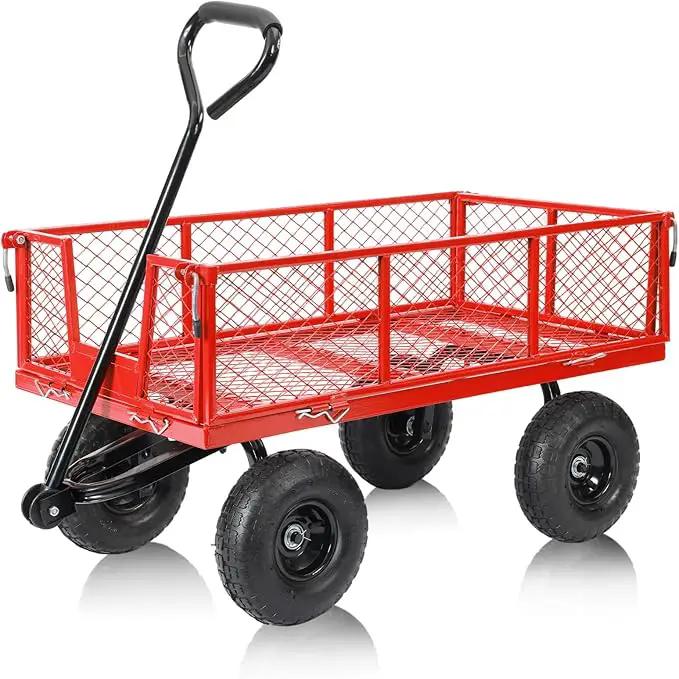 SUNNYFEEL 900 Lbs Capacity Heavy Duty Mesh Steel Garden Cart,Folding Utility Wagon with Removable Sides,10 Inch Flat Free Tires, Red by GreenHaven Gardens