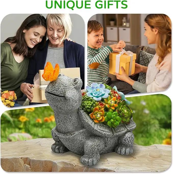 Solar Garden Outdoor Statues Turtle with Succulent Butterfly 8 LED Lights, Lawn Decor Tortoise Figurine for Patio Balcony Yard, Yard Unique Christmas Birthdays Gift for Mom Grandma