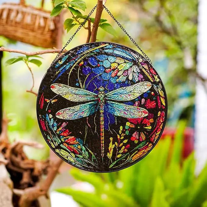 Hanging Stained Glass for Windows,20cm/7.87inch Dragonfly Hand-Painted Sun Catcher Garden Hangings Christmas Mother's Day, Valentine's Day Ornaments Festival Gift (A Style) by GreenHaven Gardens