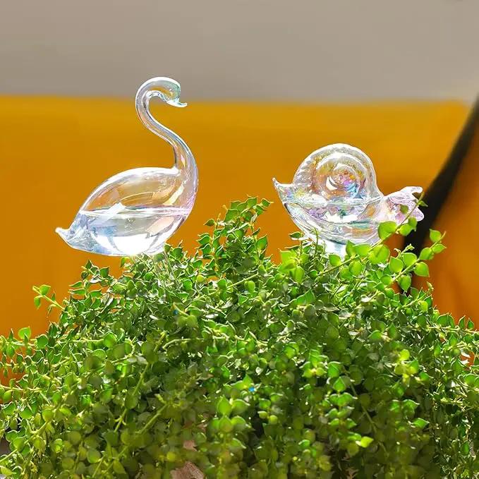NiHome Glass Plant Self Watering Bulbs 3-Pack Iridescent Pearl Home Potted Planter Watering Bulbs Insert Decorative Devices Vacation Automatic Watering Spikes Indoor and Outdoor (Swan, Snail & Bird) by GreenHaven Gardens