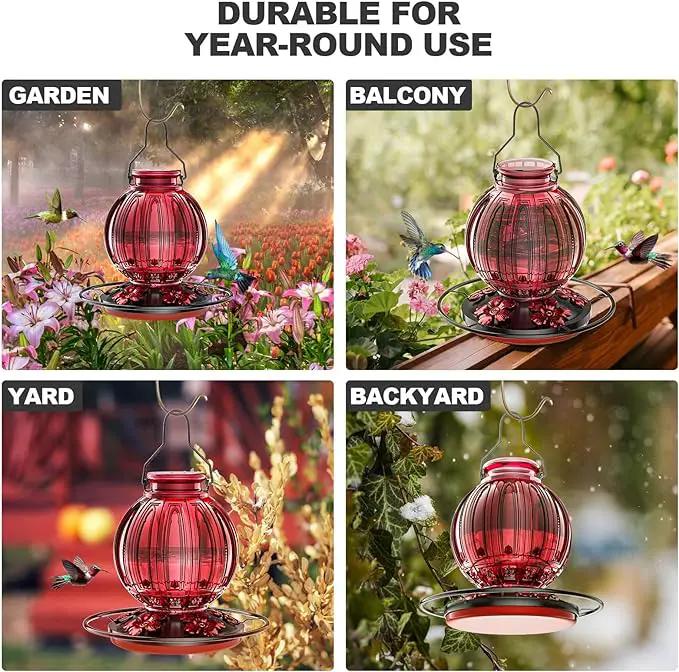 Glass Hummingbird Feeder for Outdoors Hanging, 26Oz Bird Nectar Feeder with Perch & 5 Flower Feeding Ports, Leak Proof for Outside Garden Decor Backyard, Gifts for Women Mom, Red by GreenHaven Gardens