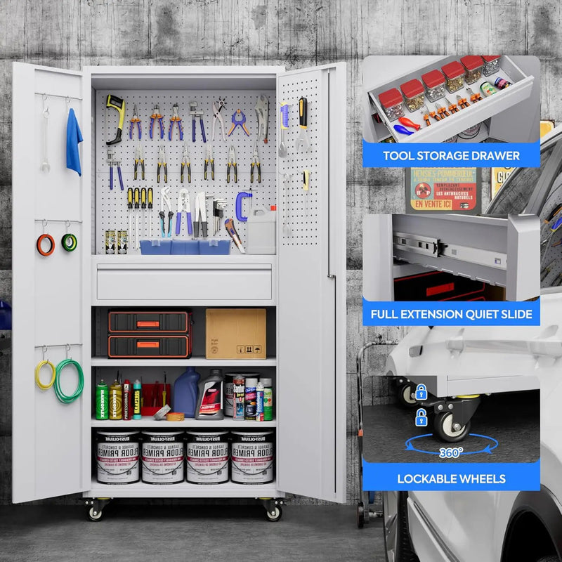 71" H Garage Storage Cabinet with Locking Doors and 2 Adjustable Shelves, Metal Tool Storage Cabinet with Wheels, Drawer, Pegboard and 16 Hooks for Garage, Warehouse, White by GreenHaven Gardens