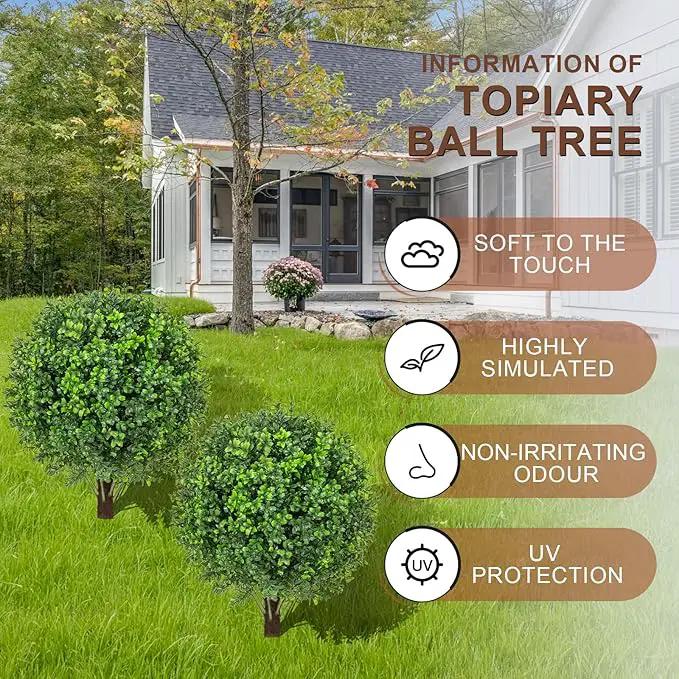 22" Artificial Boxwood Topiary Ball Trees with Ground Spike Set of 2 - UV Resistant Faux Green Shrubs & Bushes Potted Plants for Outdoor Indoor Front Porch Garden by GreenHaven Gardens