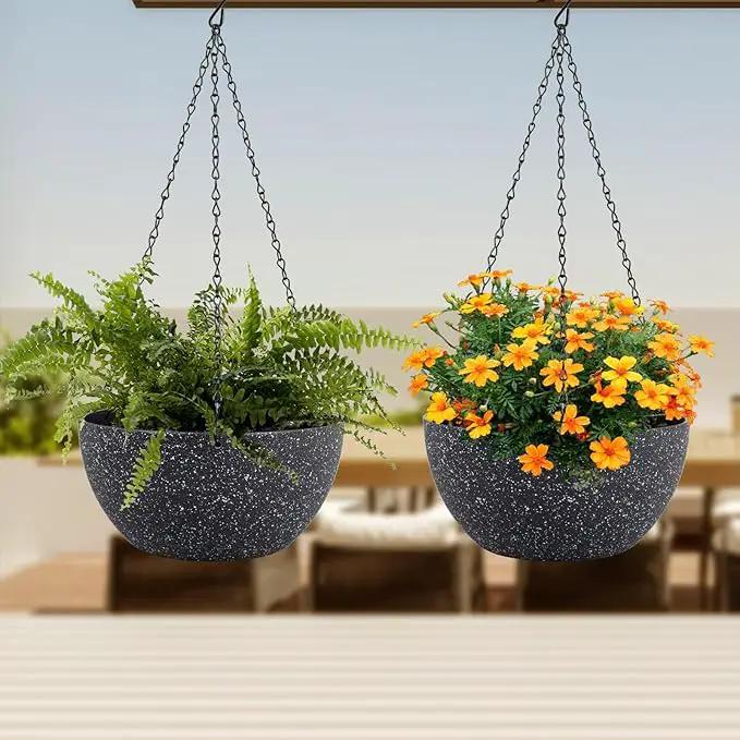 10 inch Hanging Planters for Indoor Outdoor Plants, 2 Pack Hanging Flower Plant Pots with Drainage Holes and Chain for Garden Porch, Plastic Hanging Baskets for House Plants, Speckled Black by GreenHaven Gardens