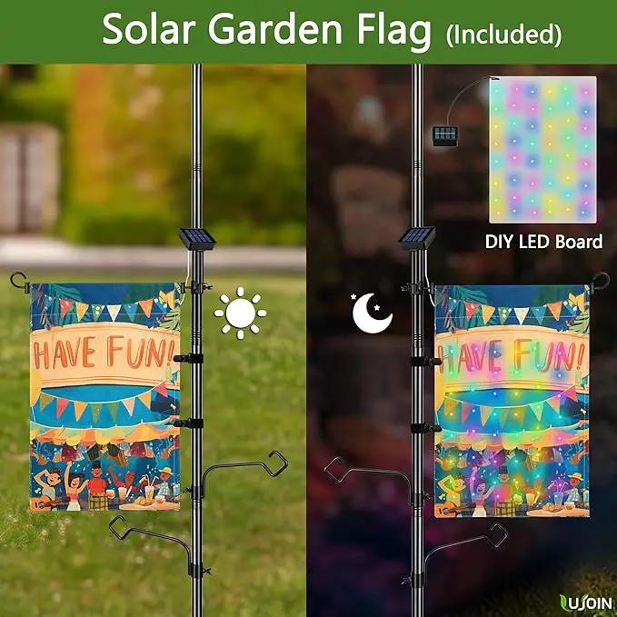 3-in-1 String Light Pole for Outside (2 Pack), Each Pack Includes 2 Hooks, 1 Solar LED Light Board & 1 Party Flag, Heavy Duty Stand for Deck, Patio, Backyard, Wedding by GreenHaven Gardens