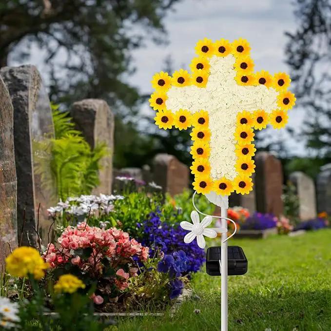 YJFWAL Solar Daisy Cross Garden Stake Lights, Yard Solar Lights Cemetery Decorations for Grave Outdoor Light Jesus Cross Sympathy Memorial Gifts for Grandmother, for Garden Yard Lawn Patio Pathway by GreenHaven Gardens