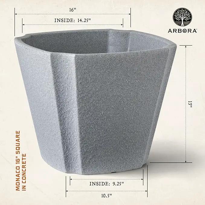 ARBORA 16" Monaco Square Polyresin Indoor and Outdoor Planter with Stone Blend Concrete Gray Finish - Durable, Weatherproof, Lightweight, Large Plant Pot for Patio, Garden, Deck, Entryway by GreenHaven Gardens