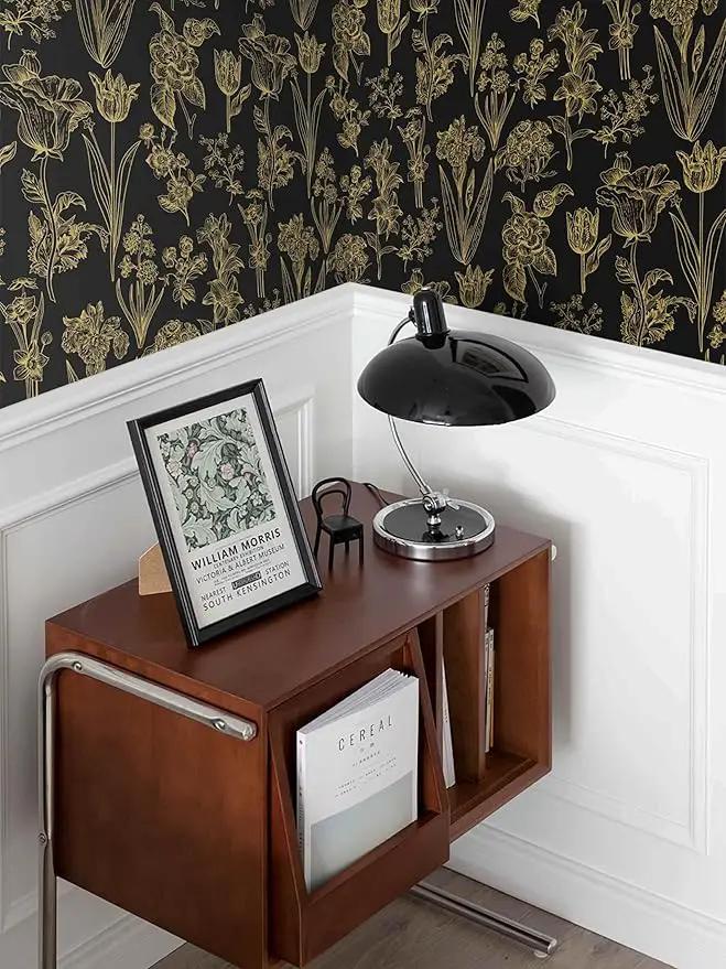 Dimoon 236"x17.3" Floral Wallpaper Peel and Stick Flowers Golden Black Contact Paper Thicken Waterproof Modern Self Adhesive Plants Wallpaper Removable Wall Paper Shelf Vinyl Roll by GreenHaven Gardens