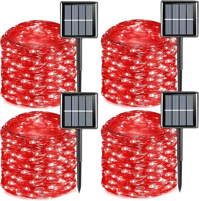 QITONG 4 Pack Red Solar Fairy Lights, Each 33ft 100 LED String Light Outdoor Waterproof, 8 Modes Silver Wire Red Outdoor Lights by GreenHaven Gardens