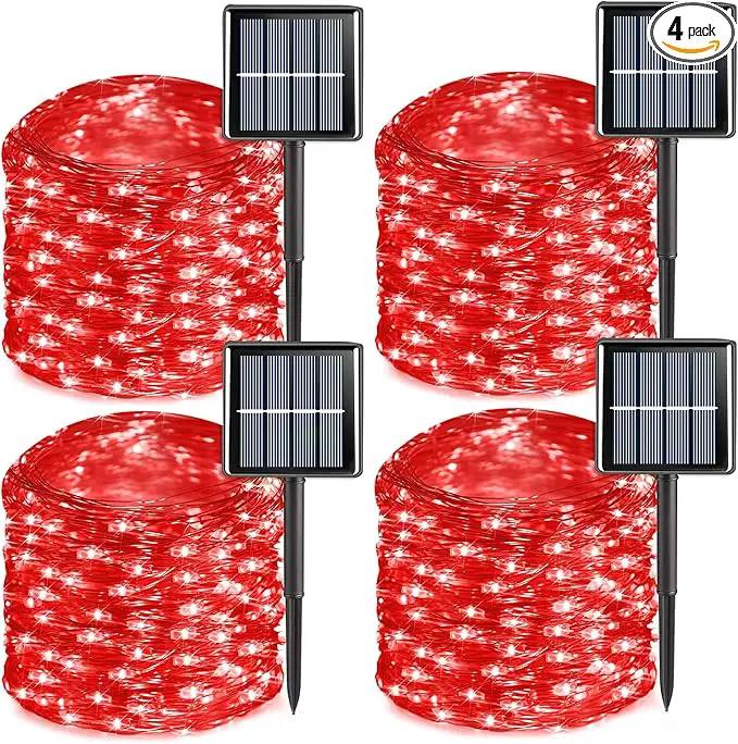 YEGUO 4 Pack Red Solar Fairy Lights Outdoor Waterproof, Each 33ft 100 LED String Light, 8 Modes Silver Wire by GreenHaven Gardens
