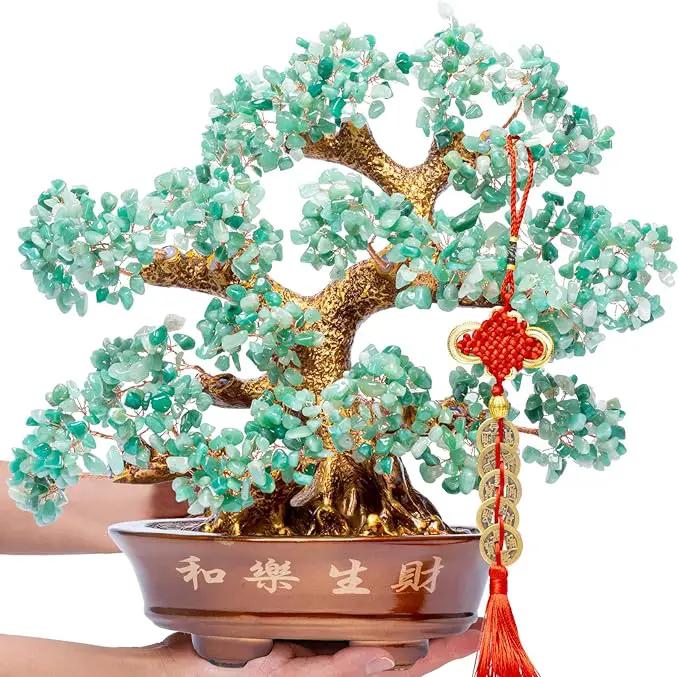 Natural Aventurine (1,251 Gemstone Count) Chakra Crystal Tree with Healing Properties - Home & Office Bonsai Feng Shui Money Tree Decoration for Luck, Success and Intelligence - 14" by GreenHaven Gardens